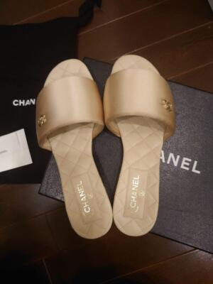CHANEL Sandal CC Logo Satin EU 36 1/2 Beige New From Japan