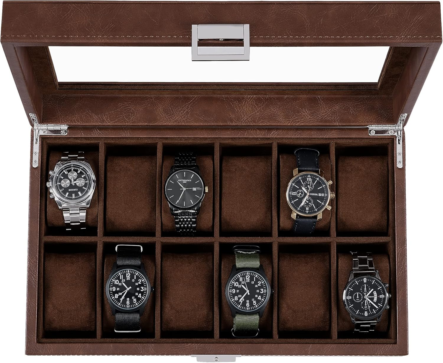 Luxury 12-Slot Watch Box Organizer for Men with Large Glass Top Display Case-image