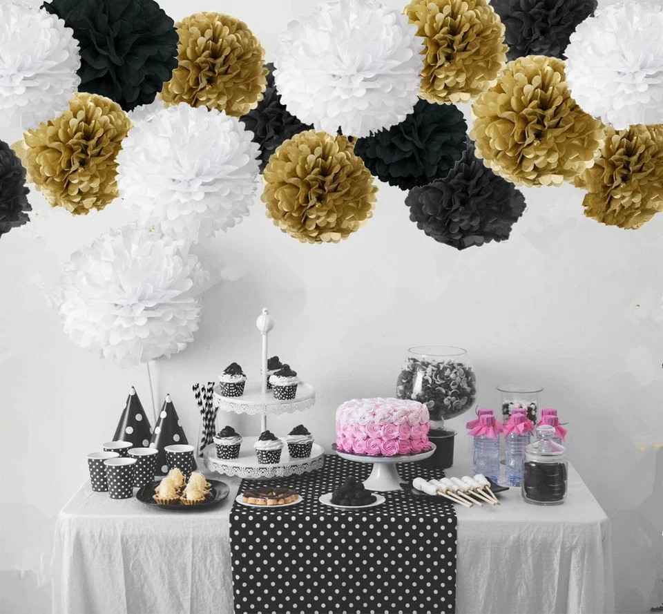 12PCs  Tissue Paper Pom Pom Gold Black White  Pompom Hanging Party Decor10") - Image 2 of 4