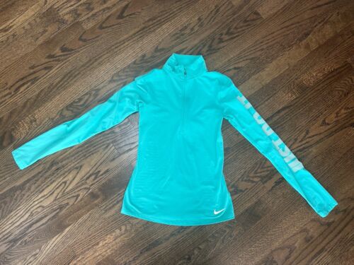 Nike Pro Dri Fit 1/2 Zip Long-Sleeve Top Womens Aqua Just Do It Gym Run - Picture 1 of 7
