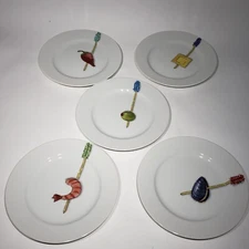 Set of 5 Crate & Barrel TIDBITS Appetizer Plates 6.5" Nancy Green Olive Shrimp