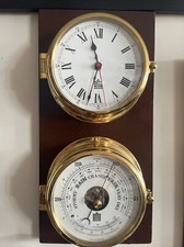 Sewills Clock And Barometer, Brass Cased, Mounted, Vintage