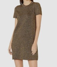  360 Milly Women Gold Stretch Crew-Neck Metallic Shift Mini T-Shirt Dress Size M