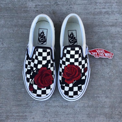 black and white checkered rose vans