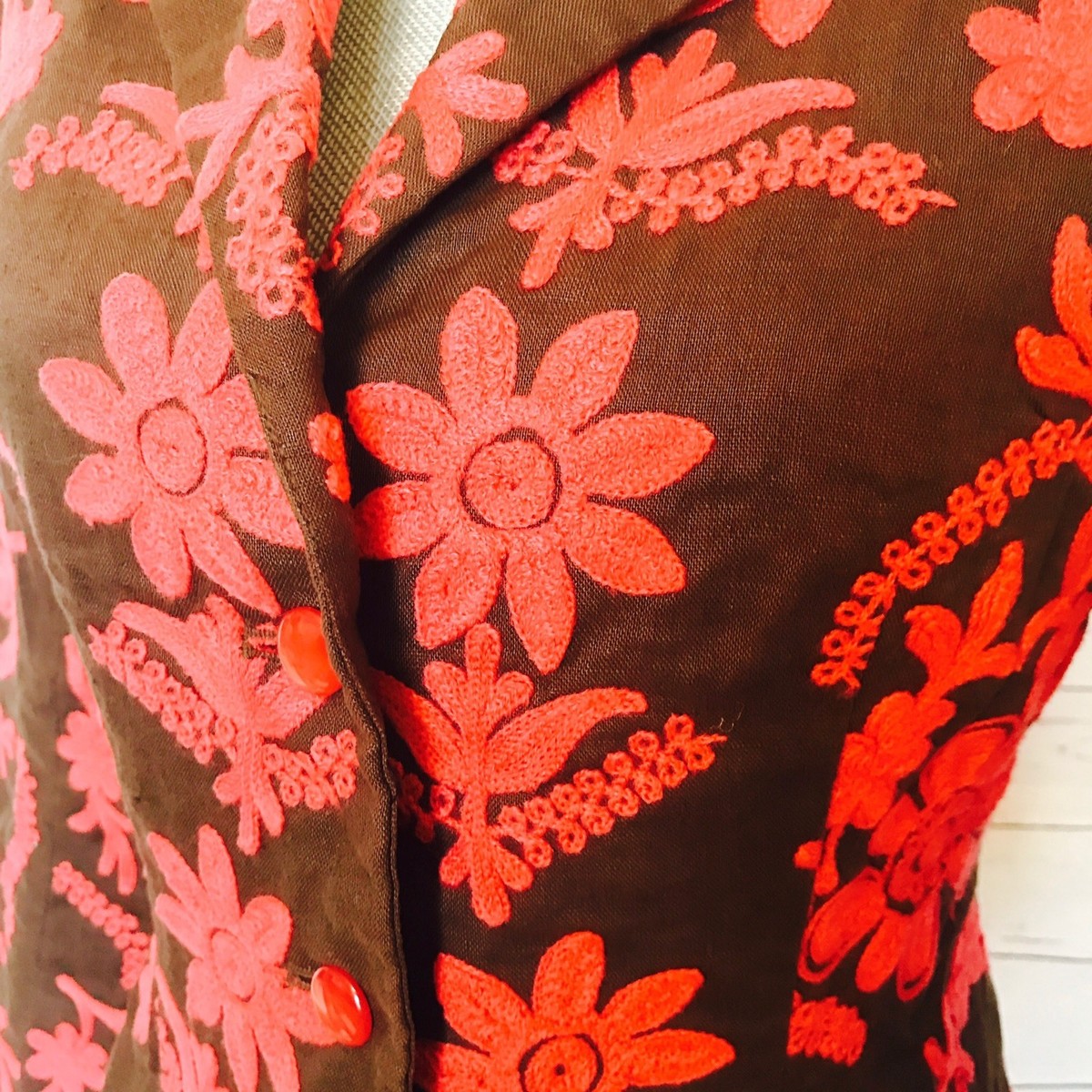 Moda Intl Dressy Brown Pink Linen Embroidered Flowers Lined