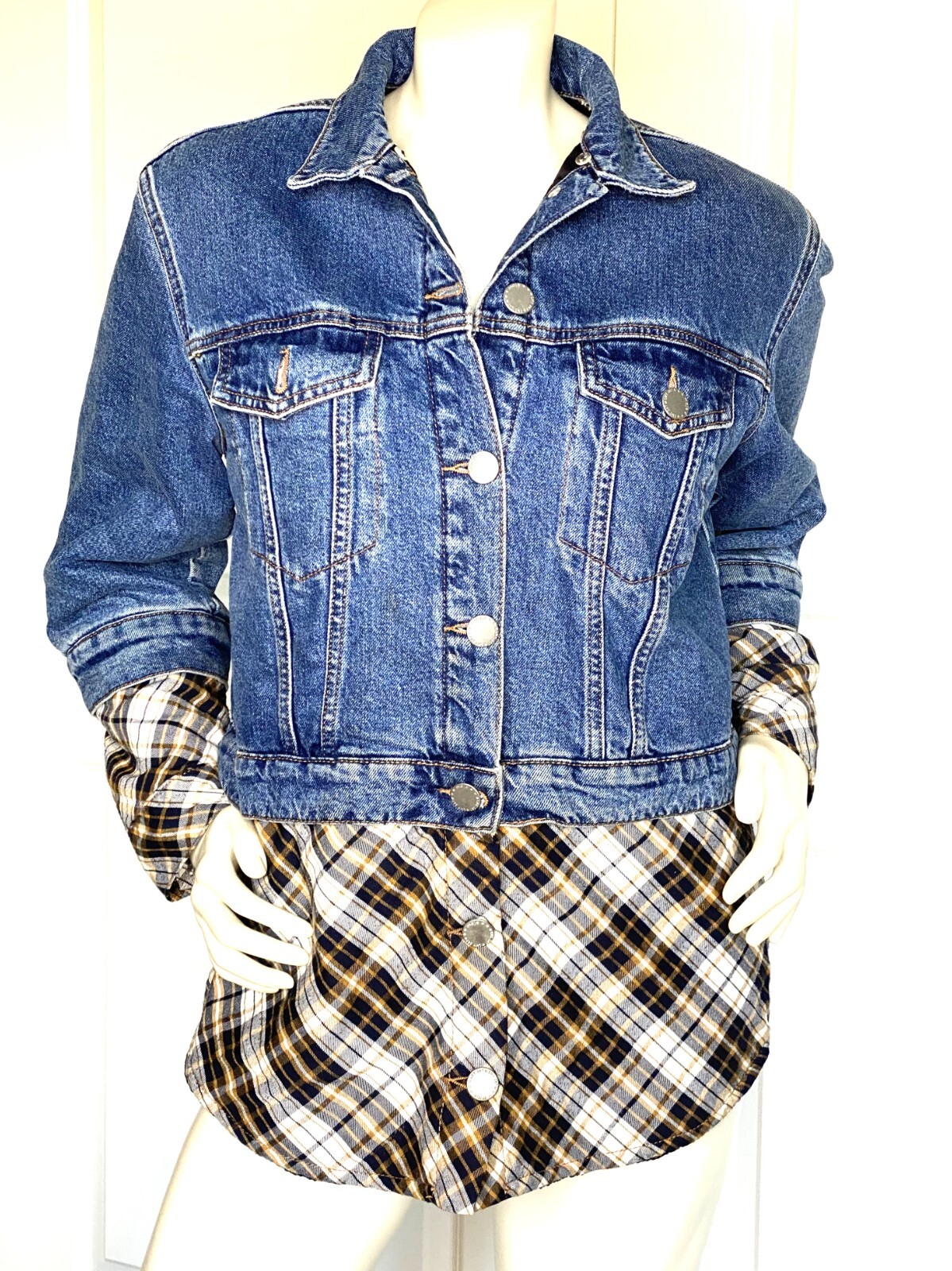 Maje 'Bergamo' Checked Blue Denim Cotton Quilted Lining Jacket Size: M
