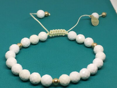 10K Gelbgold Perlen & facettierte weiße Achat Perlen verstellbar Armband