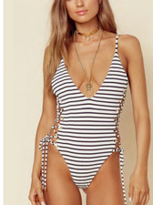 BLUE LIFE Women's Roped Up One Piece in Jacquard Stripe Lace Up Side Size XS