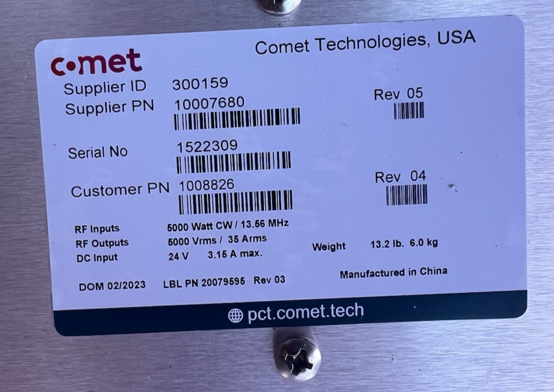 COMET PN 10007680 RF Match Matching Network 5000W 13.56MHz Build