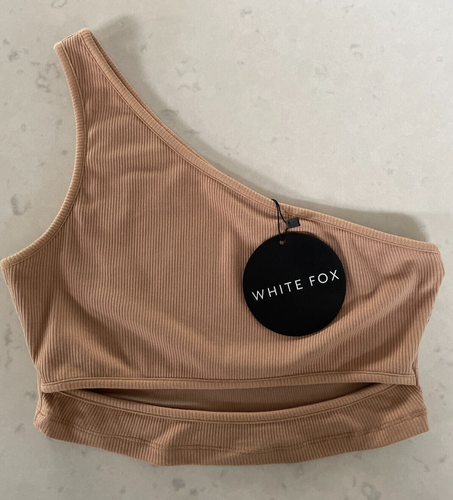 WHITE FOX BOUTIQUE First Love Crop Top Size M Tan One Shoulder Rib Stretch NEW