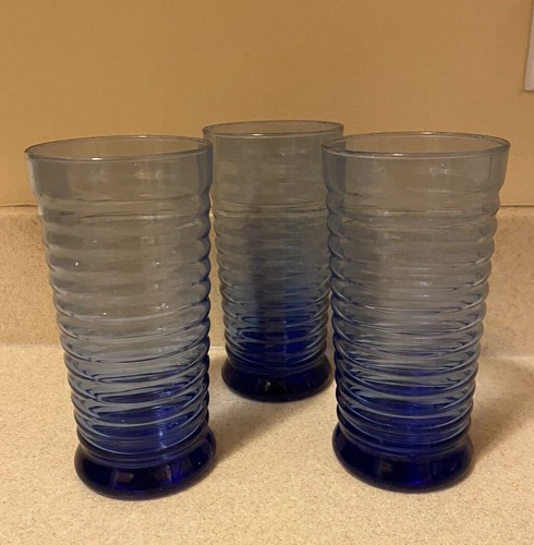 SET OF 3 Vintage LIBBEY GLASS COBALT BLUE SIRRUS COOLER TUMBLERS 6 1/4"