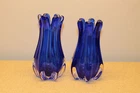 2 VINTAGE MURANO BLUE ART GLASS 6" VASES