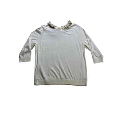 Talbots RSVP Sweater Womens 2X Ivory Embellished Ruffle Neck 3/4 Sleeve
