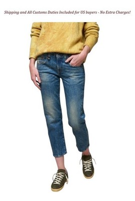 R13 Boy Straight Women Jeans 28 Kelly Stretch Cropped Zip Blue RRP699 -