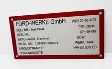 Typenschild Ford Werke GmbH Dash Panel Draaitafel  Genk WDX 20-70-1102