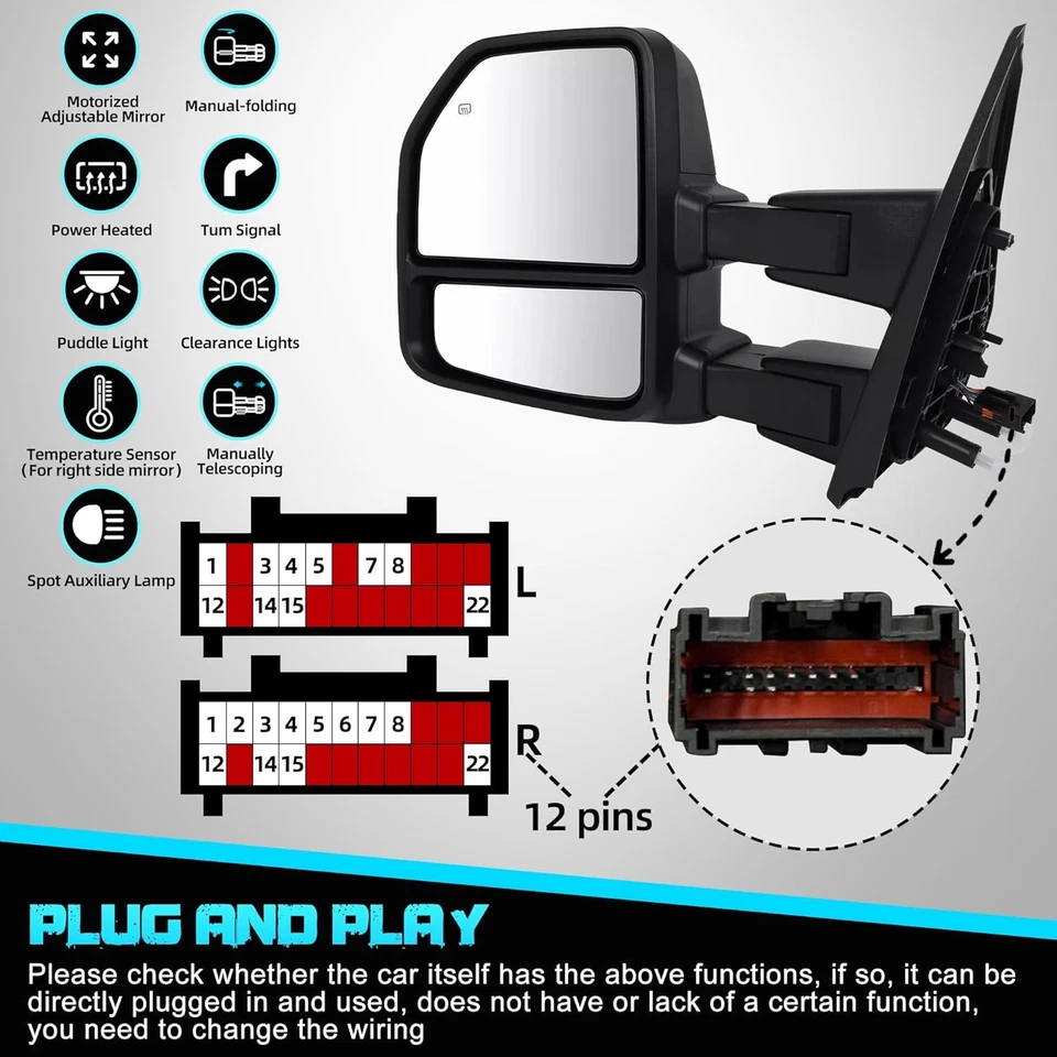 Espejos retrovisores de remolque para Ford F-250 Super Duty 2017-2020 potencia calefacción LED señal derecha derecha Foto 2 de 4