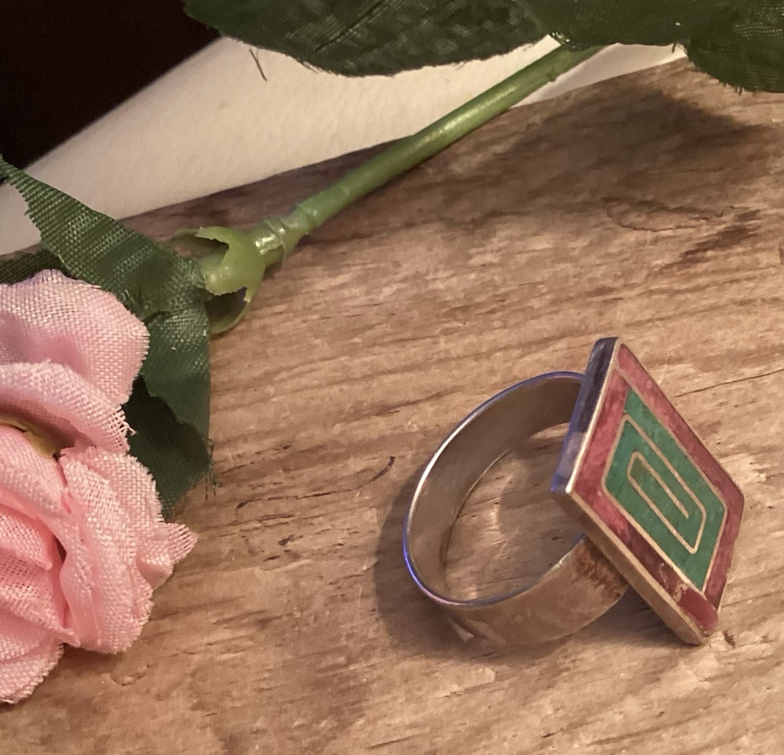 950 Silver Modernist Statement Ring Geometric Inl… - image 7