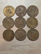 Mexico 5-centavos coins, lot of 9, 1970-1976. KM# 427, brass. Small type.