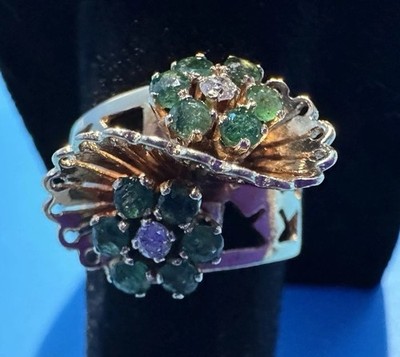 1950s 18k Yellow Gold Ring Emeralds and Diamonds Estate Cocktail