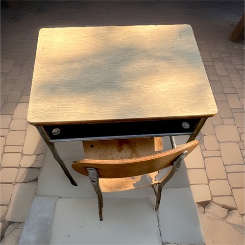 Vintage Kids School Desk Wood & Metal, Chair Included, 24x24x24 Beige/Gray