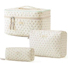Quilted Floral Makeup Bag Set 3PCS Large Cosmetic Bags Travel Toiletry Organizer