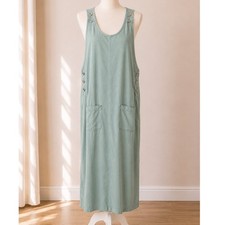 AMI Green Maxi Shift Dress Sleeveless Pocket Tencel Pullover Button Size Medium