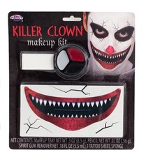 Killer Evil Clown Complete Costume 4pc Halloween Makeup Kit, White Red Black
