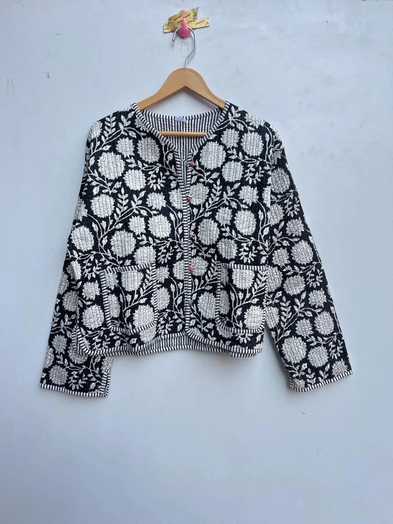 Indian Multi Floral Cotton Quilted Unisex Jackets Womens Clothing Jackets US