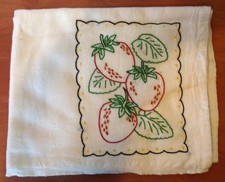 New Hand Embroidered Big Cotton Flour Sack Towel With Strawberries 30" x 37"