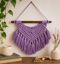 Handmade Purple Macram  Wall Hanging Boho Fiber Art Tassel Decor Lavender 12  