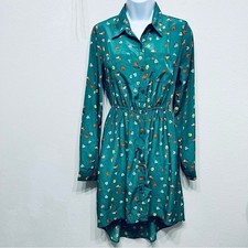Teal Green Ditsy Floral Button Front Shirt Dress with Back Cutout and Pockets