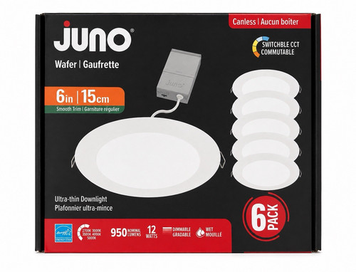 Juno 6in Ultra-Thin LED Wafer Downlight 6-Pack, Dimmable, Wet/IC, 950lm