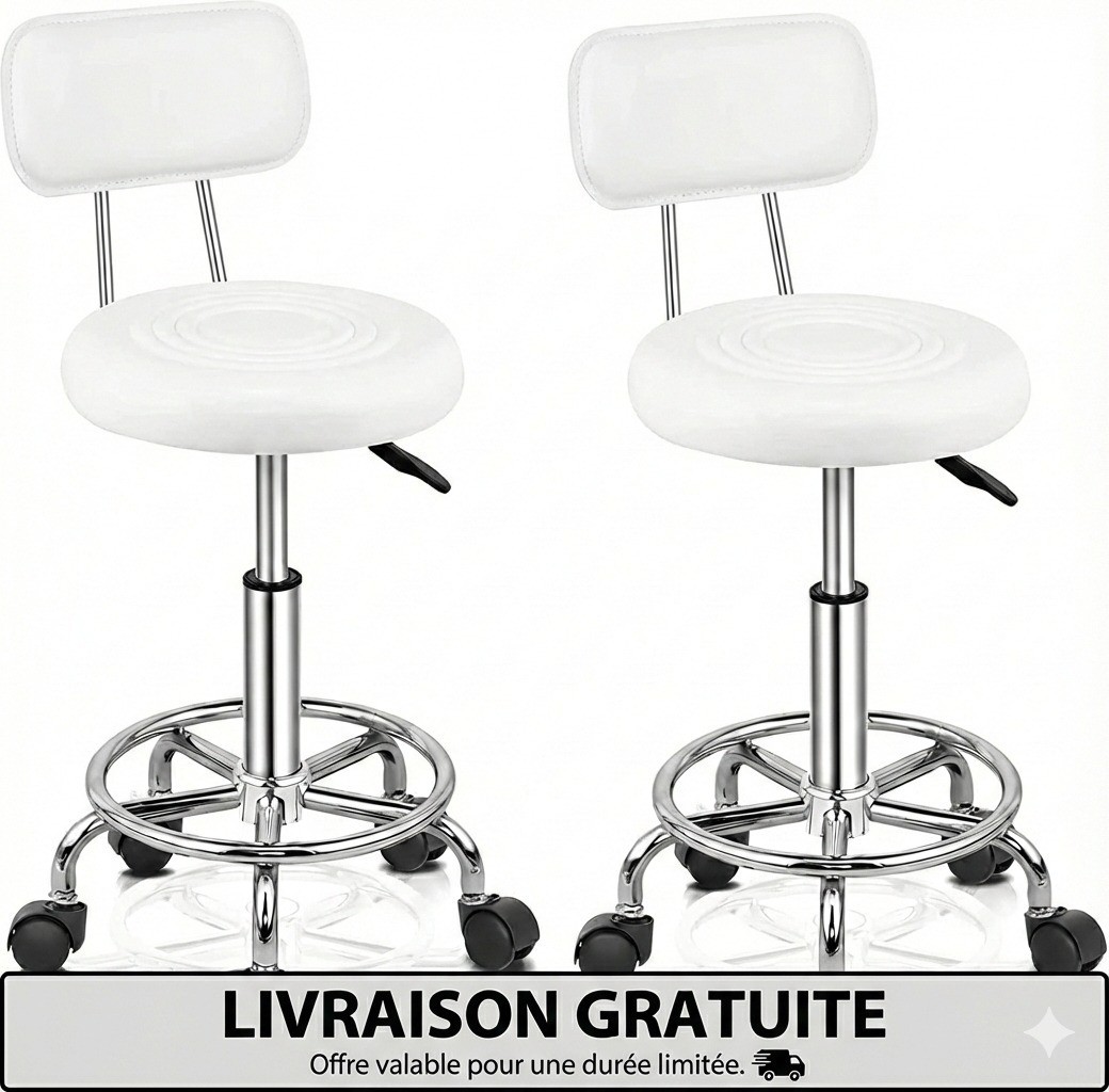 Tabouret de bureau à roulettes réglable noir en lot de 2 avec dossier pivotant
