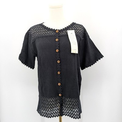 Cotton Salsa Black Crochet Lace Button Blouse Handmade sz XL Boho Chic Artisan