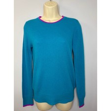 In Cashmere Crew Neck Sweater Teal Blue pink Trim Luxury Cashmere Women's S