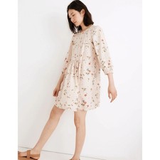 Madewell Pink Floral Pintuck Puff-Sleeve Mini Dress in Seaside Floral Size L