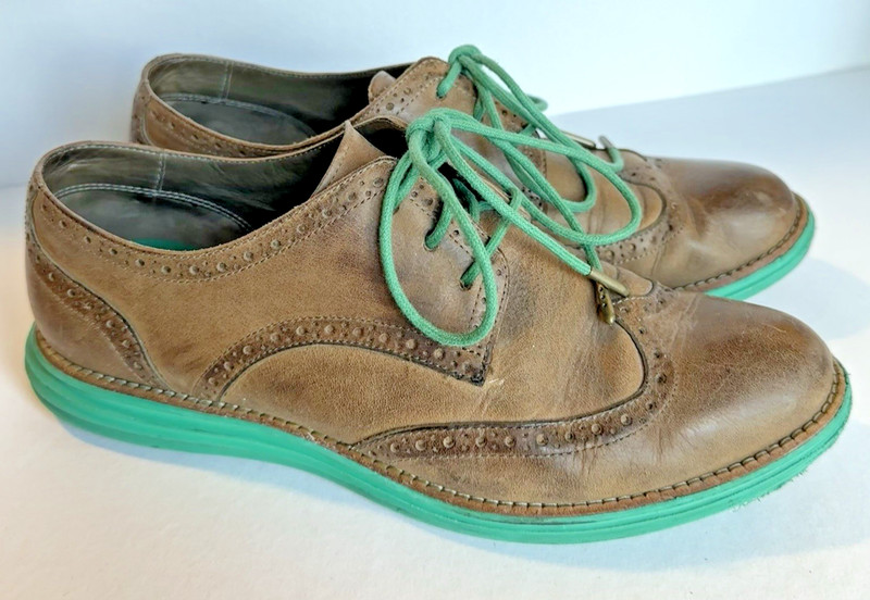 *MINT! Cole Haan Lunargrand Wingtop Brown Leather-8-Green, Brown, and Pink Laces
