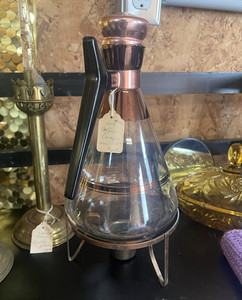 Clear Glass Coffee Pot Carafe 3 Qt w/ Copper-Tone Lid Collar & Black Handle