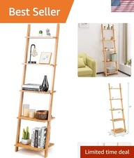 Bamboo 5-Tier Ladder Shelf Bookshelf, Wall-Leaning Bookshelf, Plant Flower St...