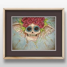 SHRUM Flying Skull Day Of The Dead Painting 11 X 14 Mixed Media Art