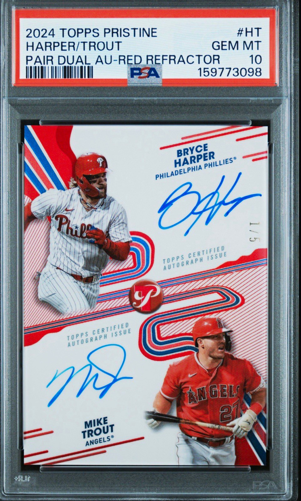Topps 2024 Pristine Pristine Pair Dual Auto Harper Trout Red Refractor /5 PSA 10