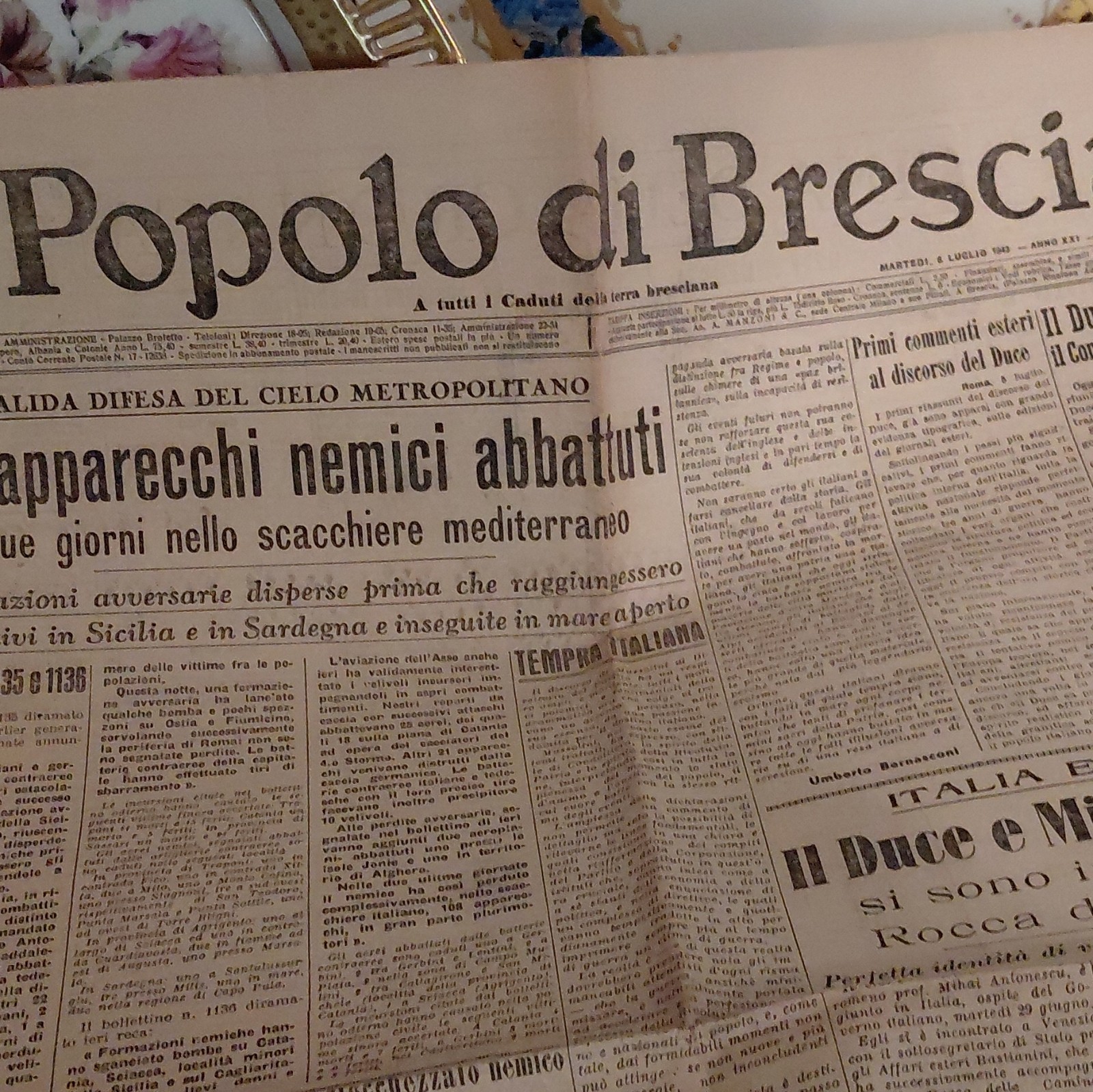 Il Popolo di Brescia Giornale d’Epoca 6 Luglio 1943 Anno XXI VI Impero