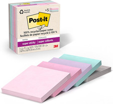 Recycled Super Sticky Notes, 3"x3", 5 Pads, 70 Sheets, Wanderlust Pastels