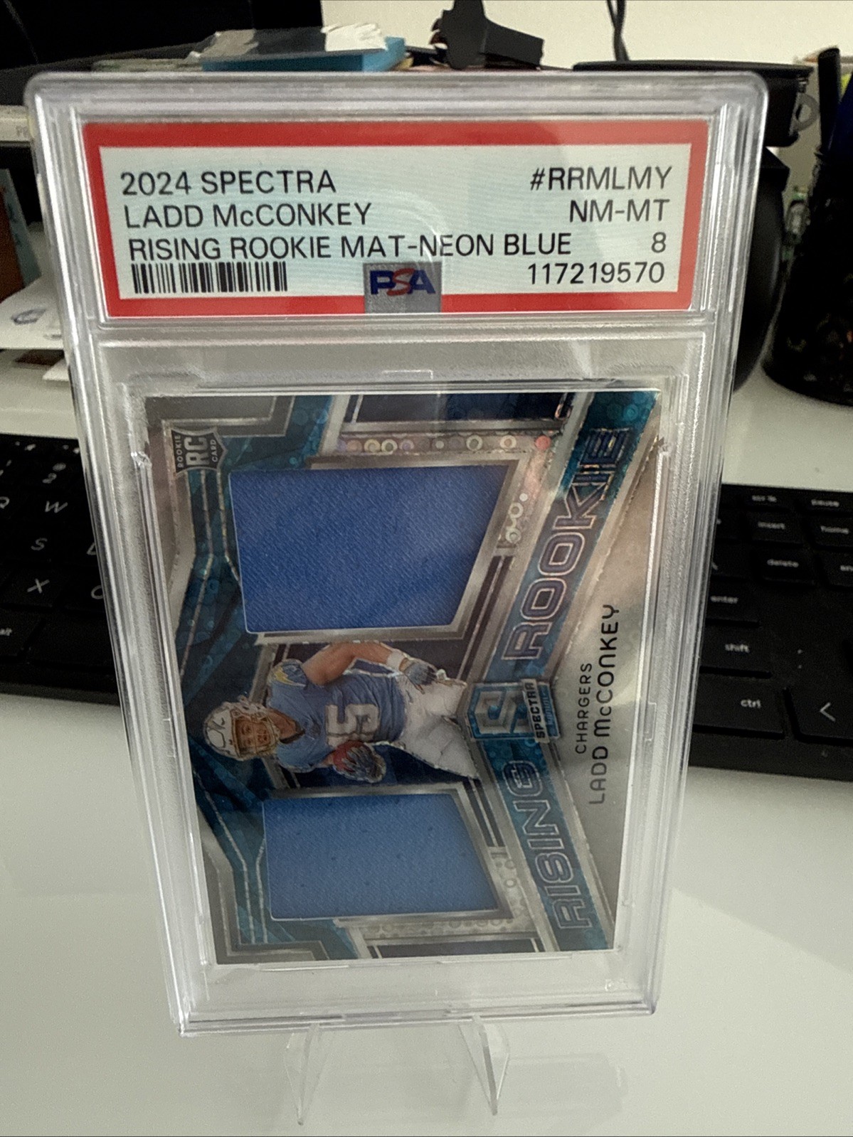 Ladd McConkey 2024 Rookie Patch /50 Panini Spectra Rookie Rising RRM-LMY PSA 8! view 3