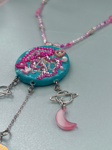 Handmade Pink Rhinestone Extraterrestrial Jellyfish Beaded Charm Necklace - Picture 9 of 19