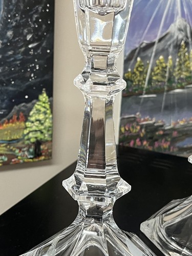 2 USA 24% Lead Crystal Candlestick Candle Holders 8” Hexagon Wafer Taper Columns - Picture 3 of 7