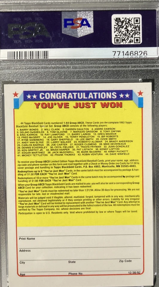 Tarjeta de béisbol Topps Redemption 1993. Win A/B/C/D. 🔥 Oro negro. Foto 3 de 4