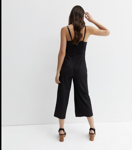 New Look Black Textured Tie Front Strappy Crop Jumpsuit Size 22 - Picture 3 of 6