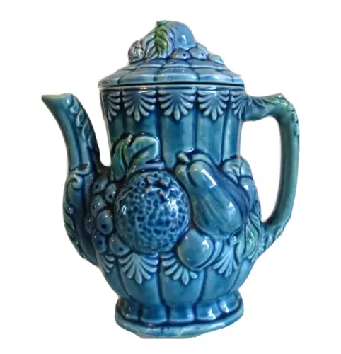Tea Pot Teapot stamped Japan Majolica Look Blue Indigo Look Figural Fruit