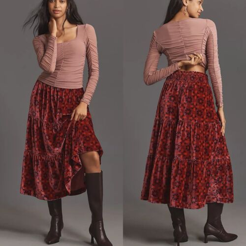 NWT Anthropologie The Somerset Maxi Skirt Velvet Edition Pink Floral Size M